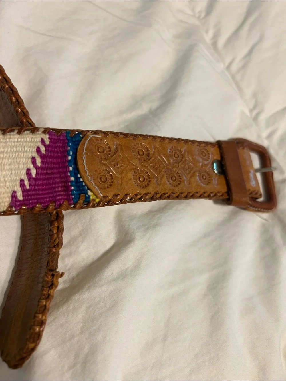 Viintage Mexico Leather Belt with Multicolor Woven Accent - Brown